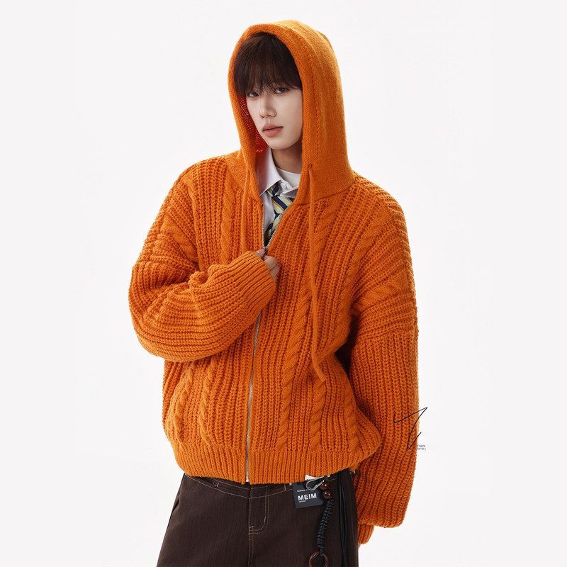 美式慵懒风橘色连帽针织开衫男女
