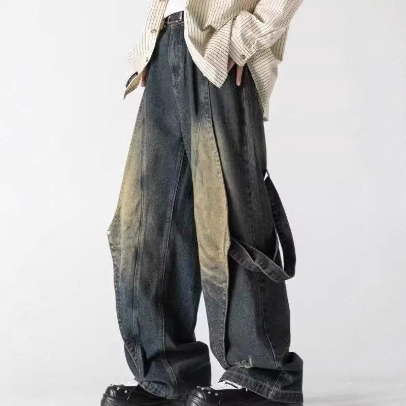 GWCJ港坞尘界|直筒做旧阔腿牛仔裤男拼接设计复古长裤休闲百搭