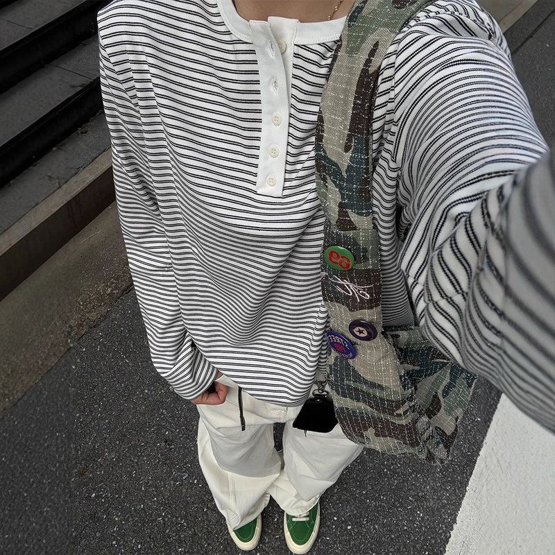 黑白条纹亨利领防晒长袖男女款