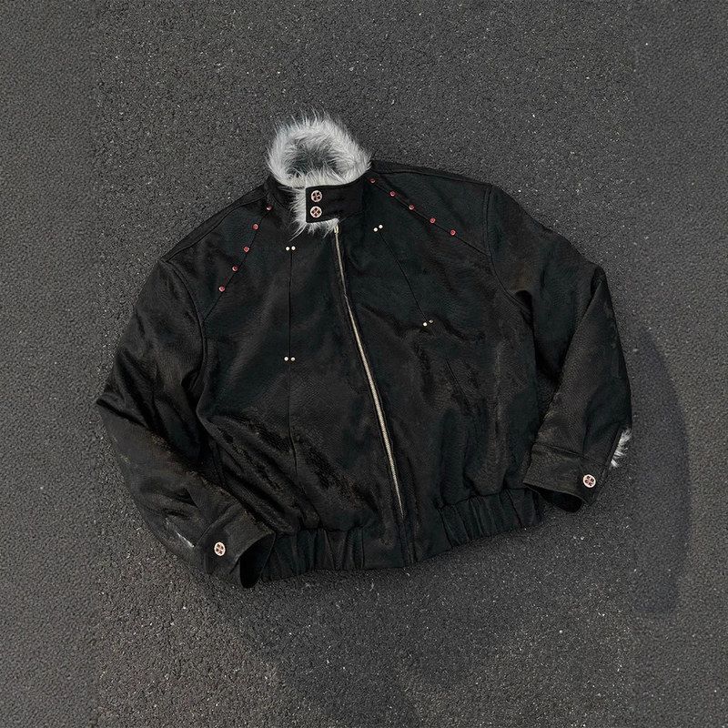 美式黑色连帽座山雕皮衣外套棉服