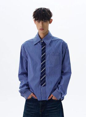 港坞尘界|浅蓝色格子衬衫男款日系复古西装内搭长袖衬衣外套