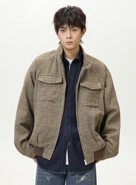 港坞尘界|美拉德千鸟格哈灵顿夹克秋季新款双袋设计立领格子外套