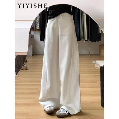 白色加绒弯刀阔腿牛仔裤