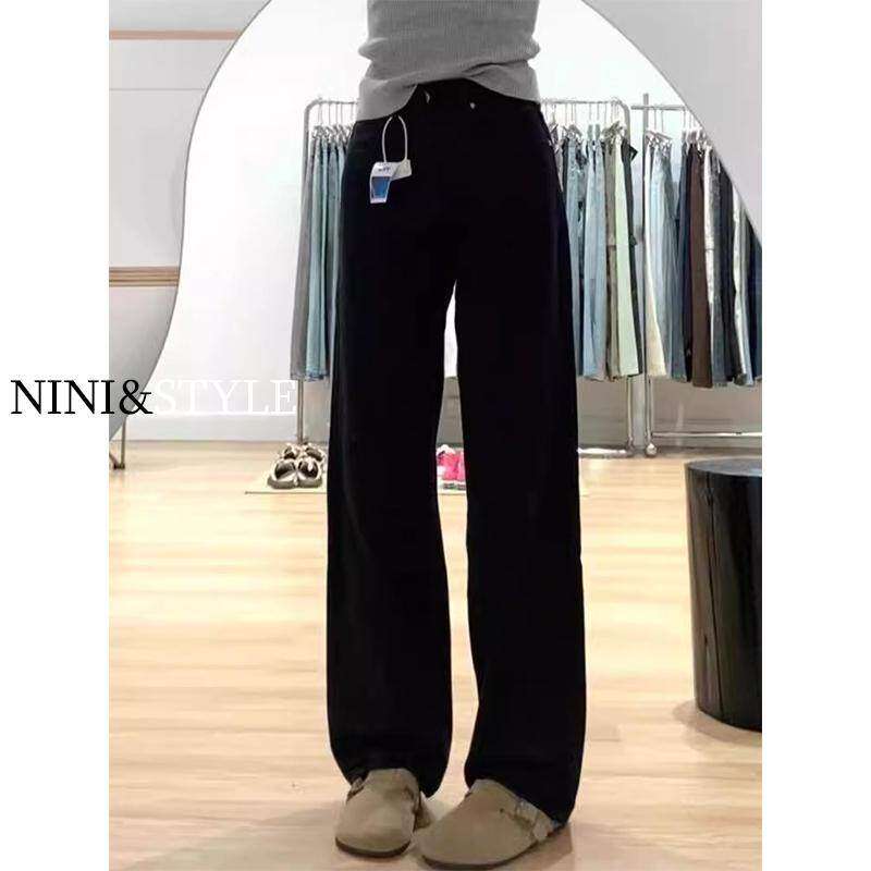 黑色窄版阔腿牛仔裤女小个子春秋2025年新款高腰宽松直筒裤子夏季