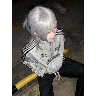 y2k亚文化立领卫衣开衫女秋冬新款水洗喷脏做旧夹克外套重磅上衣