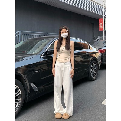 纯哥家白色高腰阔腿牛仔