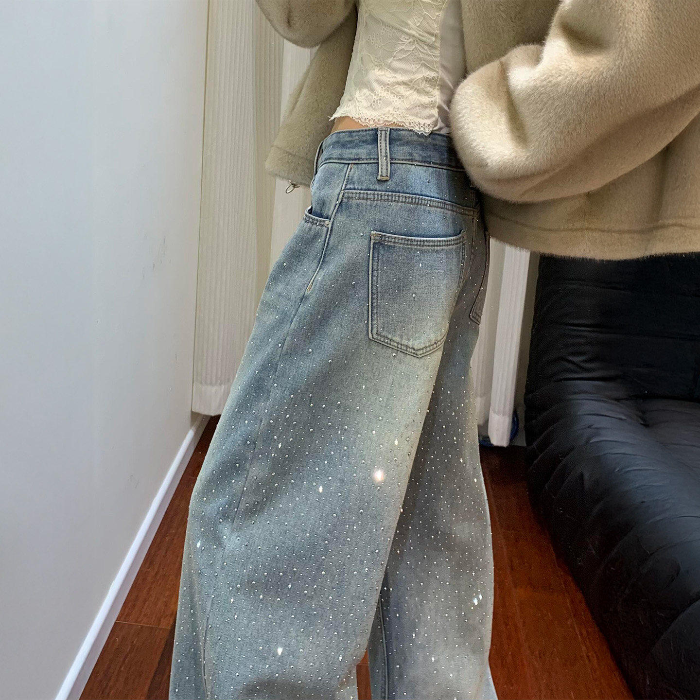 梨型身材满天星烫钻重工牛仔裤女冬季加绒大尺码胖mm宽松显瘦阔腿