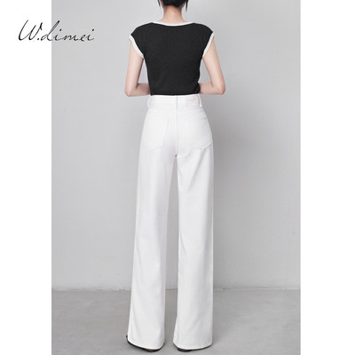 白色牛仔裤女加绒高腰宽