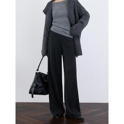 黑色醋酸羊毛阔腿裤女秋
