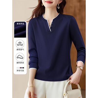 正肩v领长袖t恤女2025新