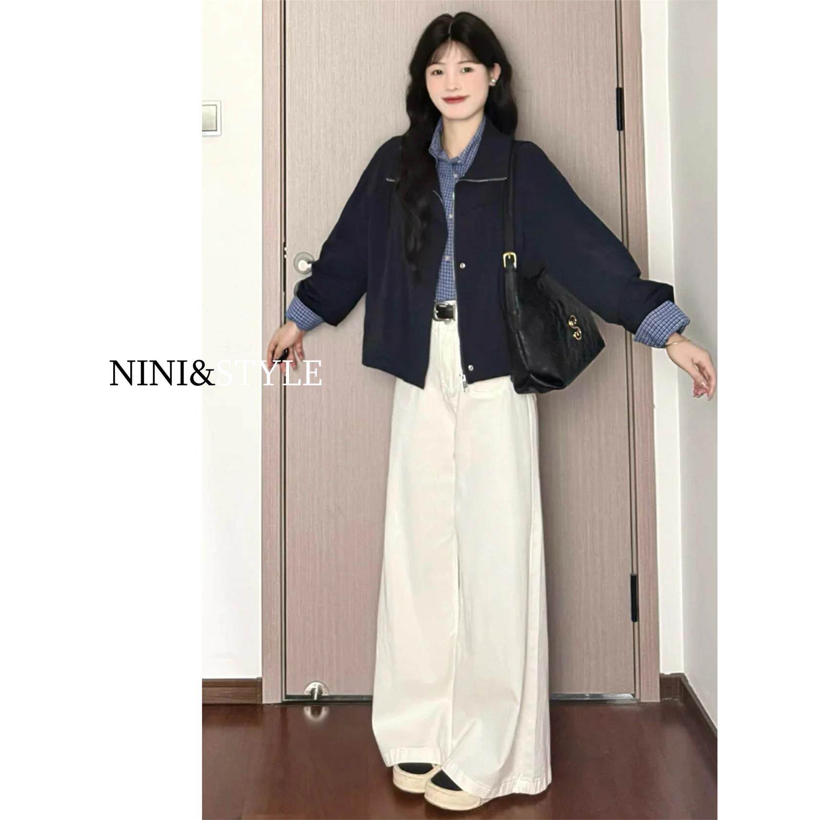 白色加绒阔腿牛仔裤女2025秋冬新款高腰宽松加厚垂感小个子直筒裤