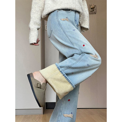 设计感腊肠狗刺绣牛仔裤