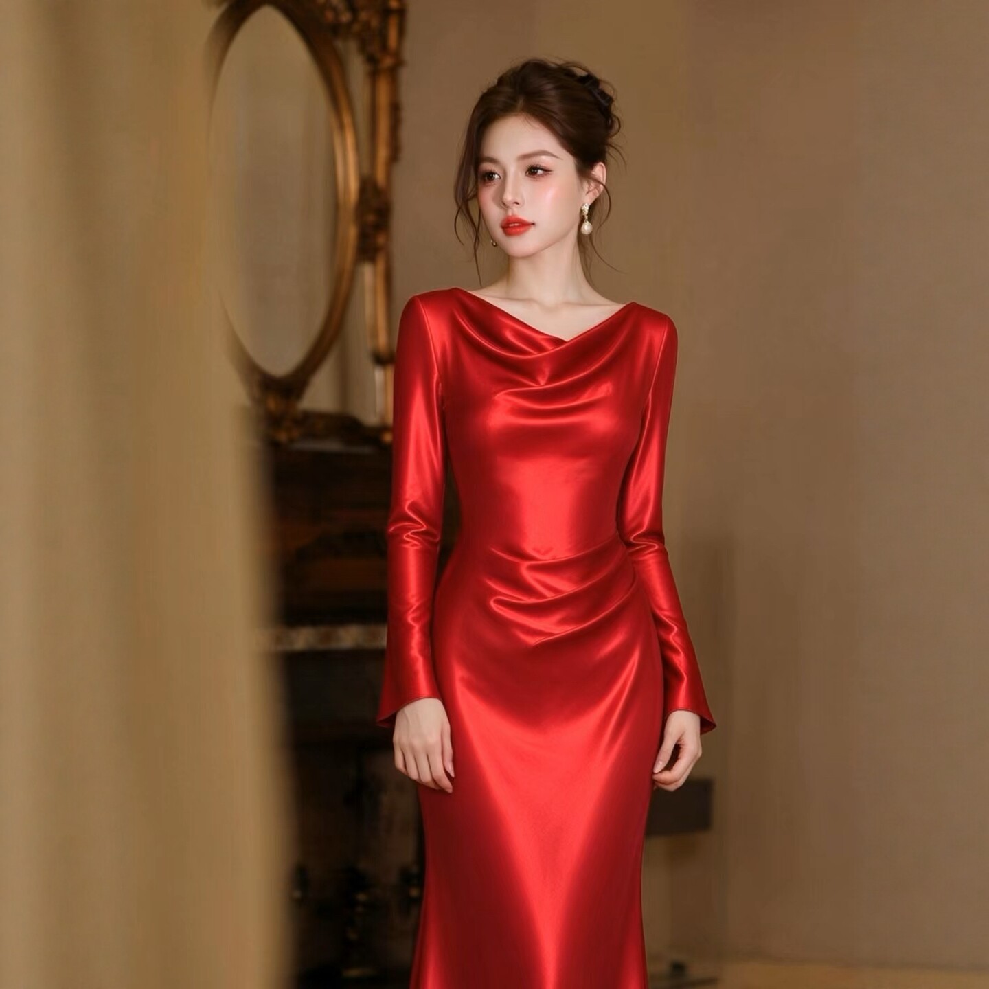 正红色新娘订婚敬酒服法式荡领连衣裙长袖秋季轻礼服进口醋酸缎面