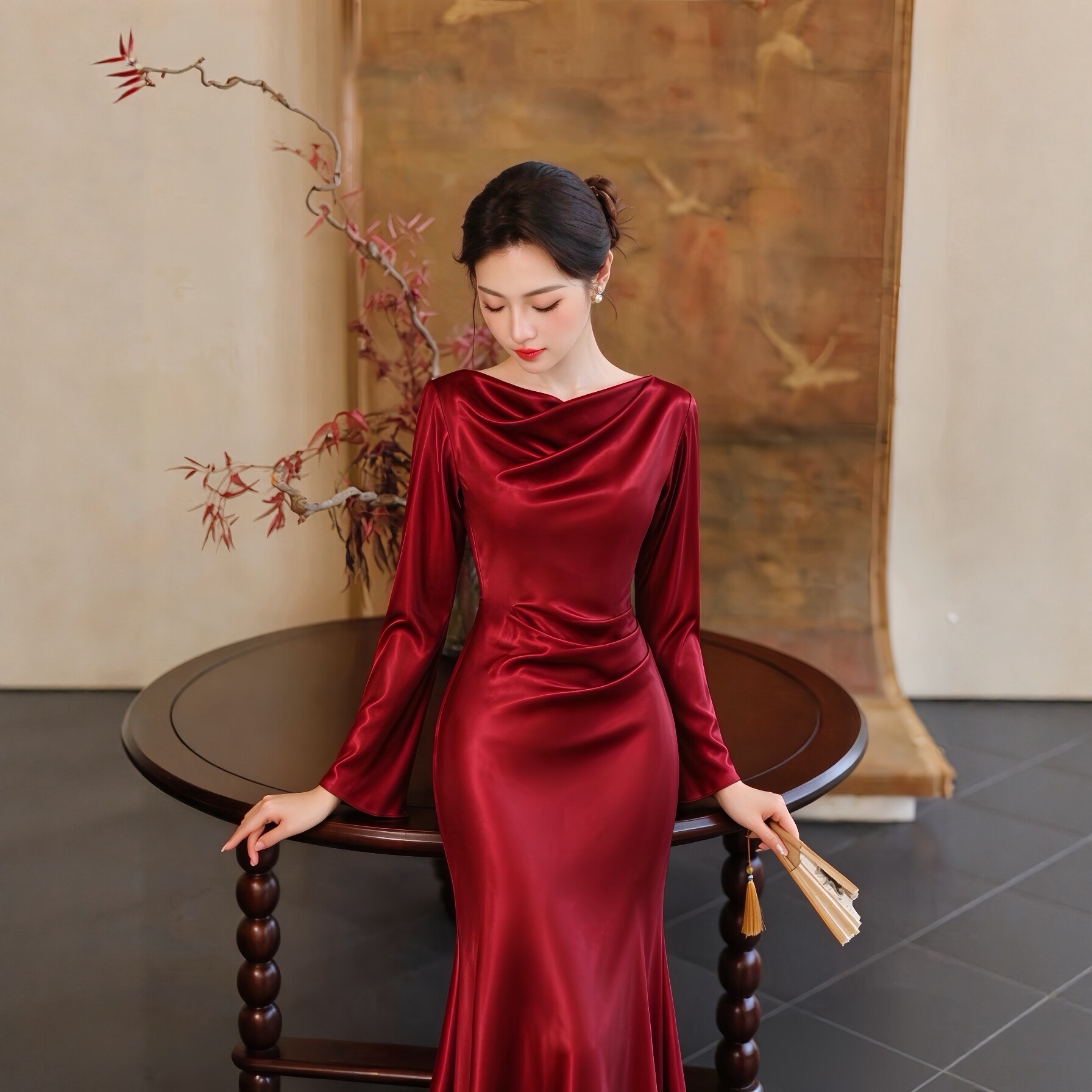 新娘结婚酒红色敬酒服轻奢进口醋酸缎面法式荡领长袖连衣长裙女秋