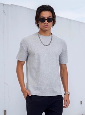 45Cent美式嘻哈粗螺纹320G重磅收口袖弹力修身短袖小领口圆领T恤