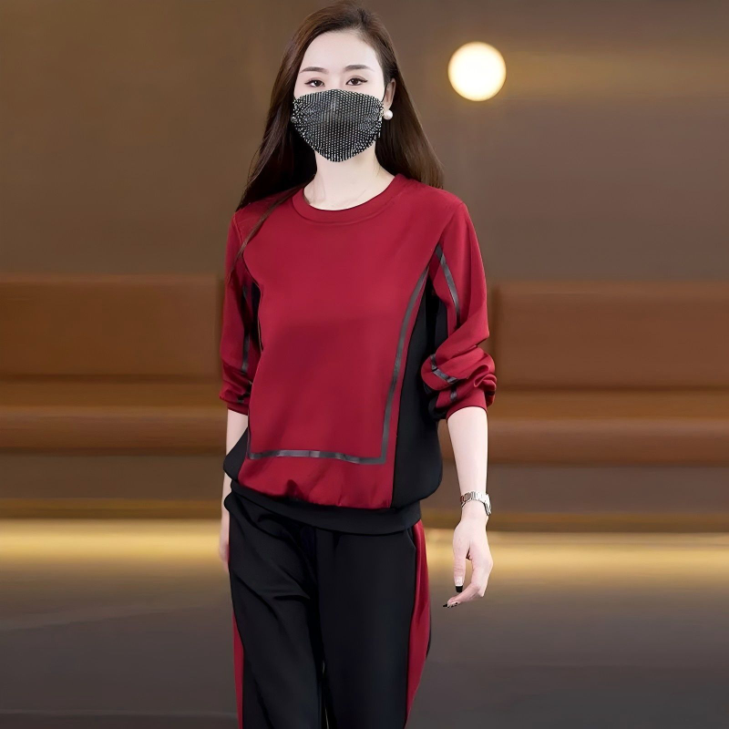 休闲运动套装2025春秋新款时尚减龄显瘦撞色圆领卫衣阔腿裤两件套