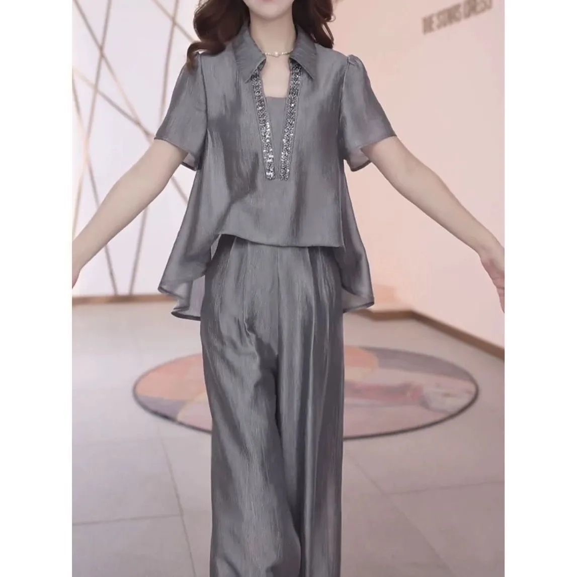 2025年夏季新款设计感两穿套装polo领短袖上衣遮肉显瘦休闲裤子女