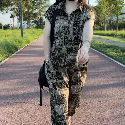 大码时尚夏季轻薄遮肉显瘦宽松衬衫民族风两件套休闲九分裤套装潮