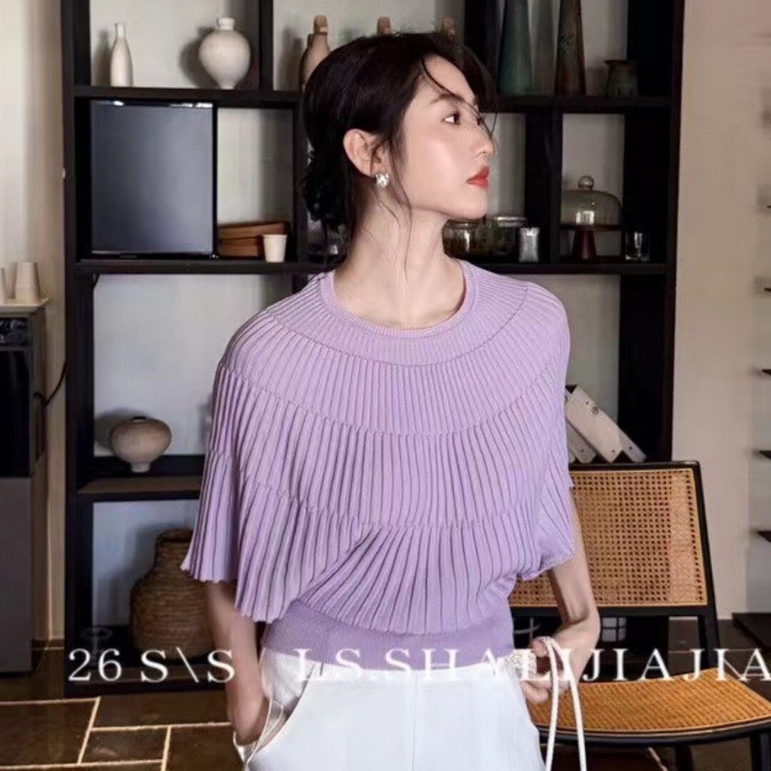 小番茄 气质紫色披肩斗篷针织衫压褶显瘦蝙蝠袖设计感小众上衣