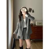 小番茄 半身裙两件套女 英伦复古风双排扣西装