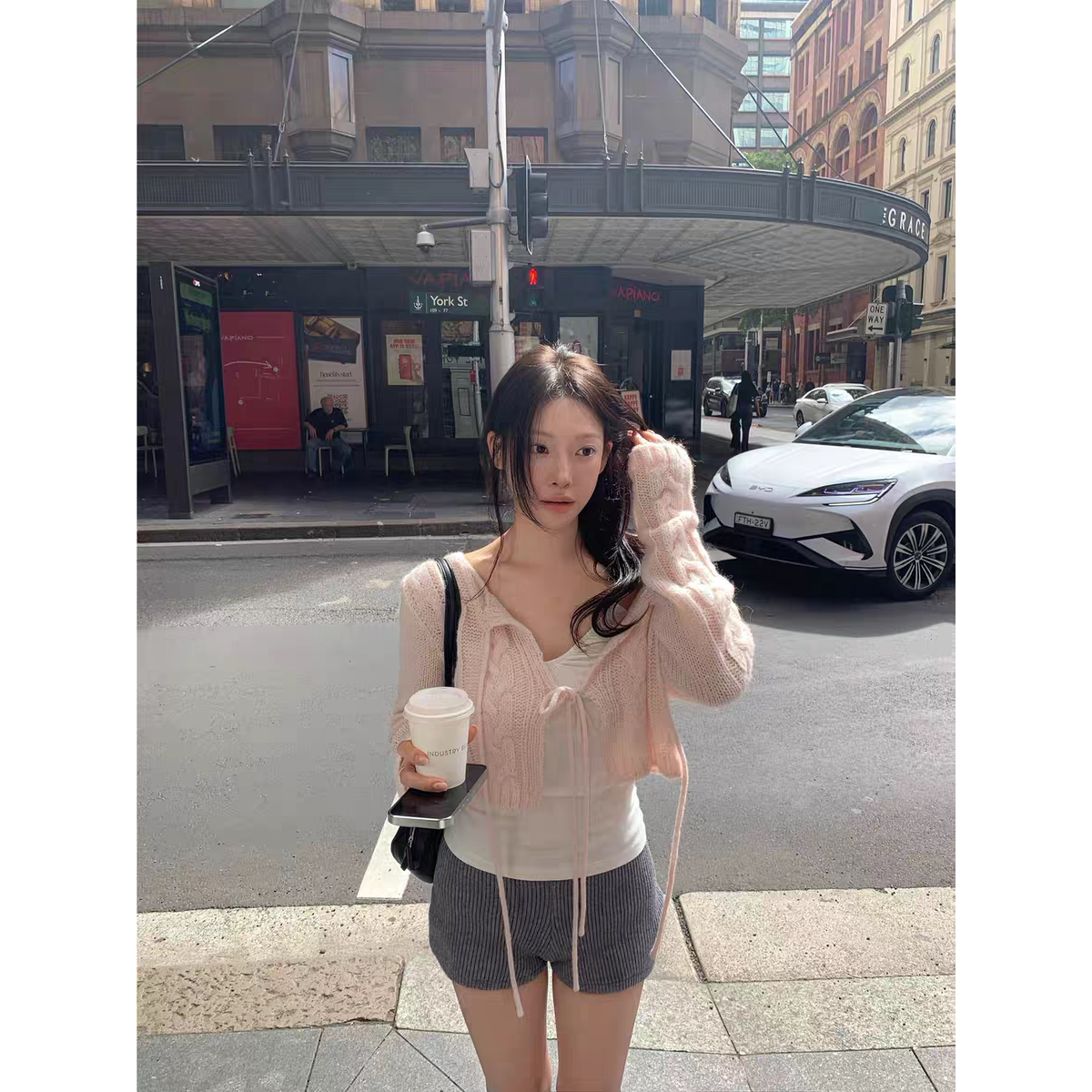 小番茄韩国东大门女装夏季新款温柔显白婴儿粉短款系带开襟衫