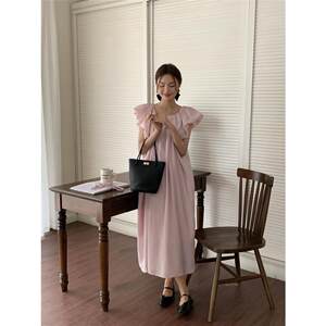 小番茄 法式小众圆领泡泡袖连衣裙女宽松收腰系带长裙女
