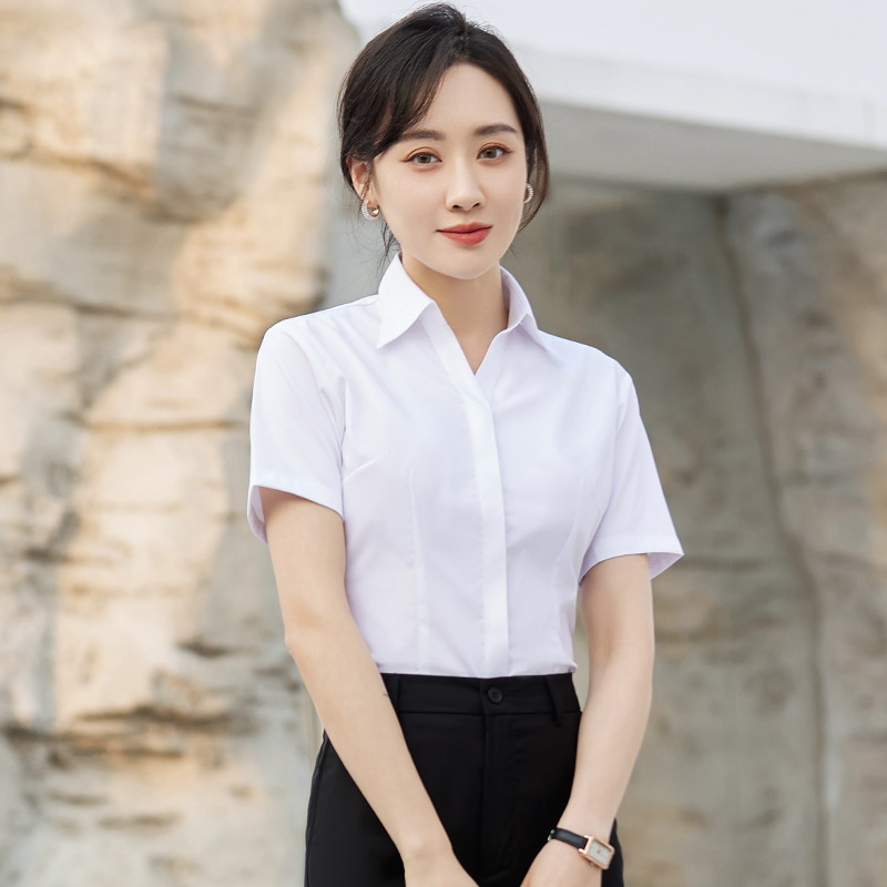 暗扣V领衬衫女短袖职业工作服气质工装正装夏季半袖弹力白衬衣寸