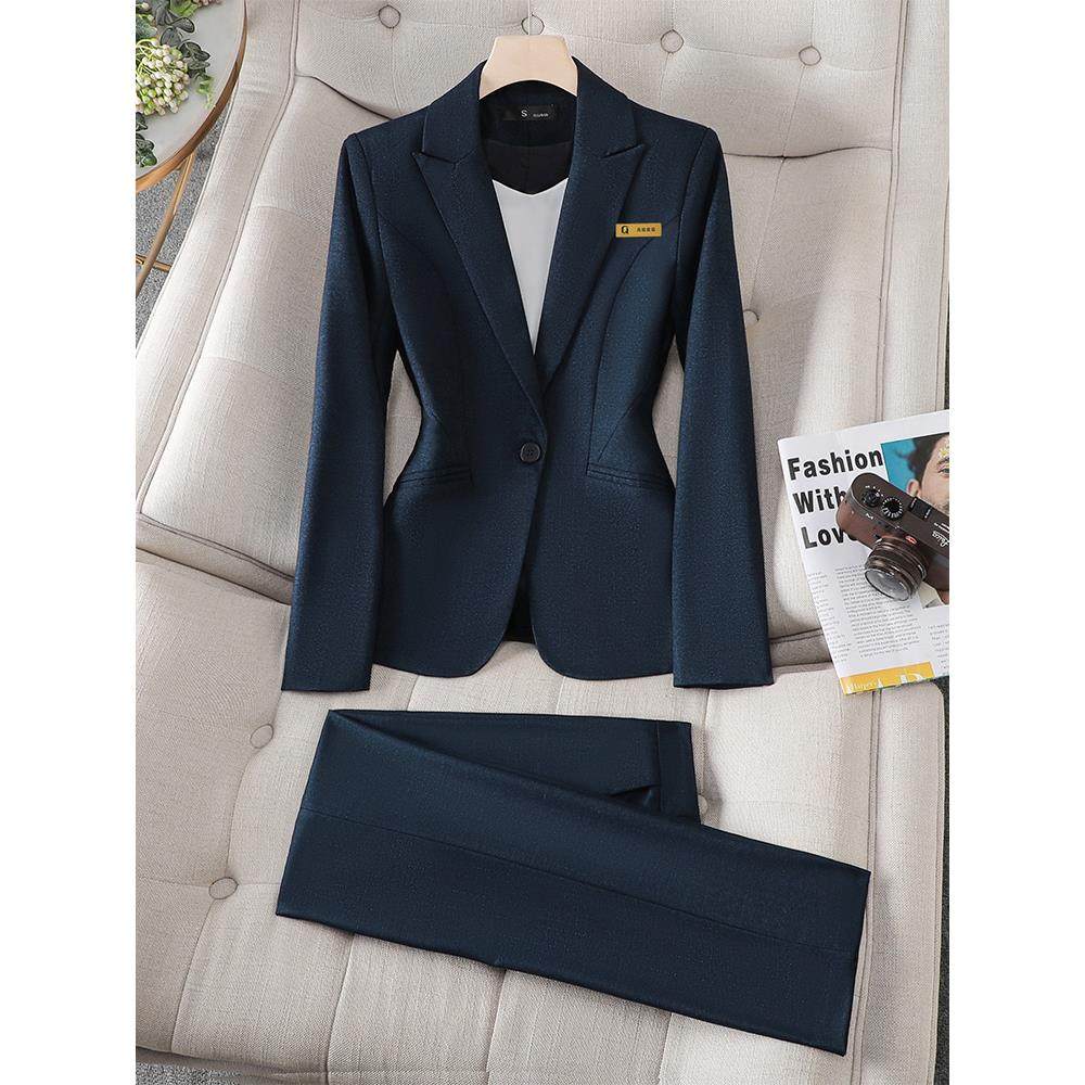 蓝色西装外套女修身新款气质酒店工作服销售职业前台高级西服套装
