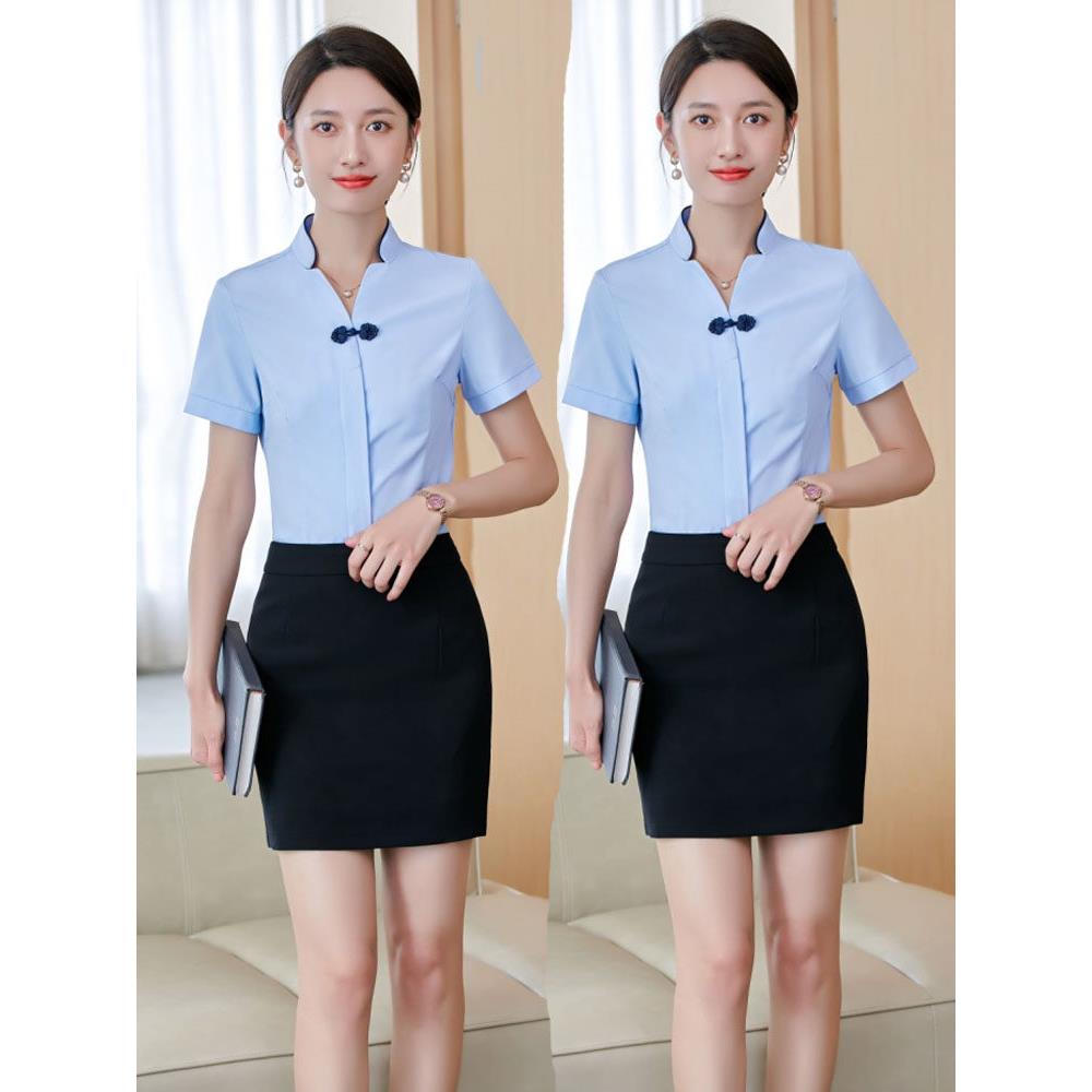 职业短袖v领盘扣蓝色衬衫女夏季酒店前台服务员珠宝店衬衣工作服