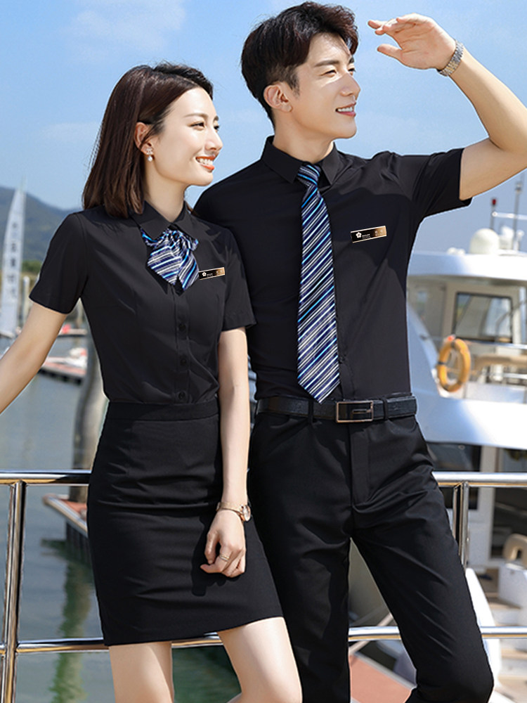 职业装黑色短袖衬衫女气质酒店前台工作装美发师酒吧KTV工作服夏