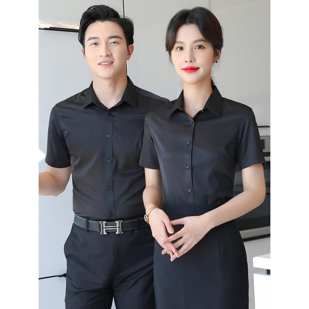 黑色衬衫男士免烫修身短袖商务专业衬衫夏季Ktv服务员工作服工装