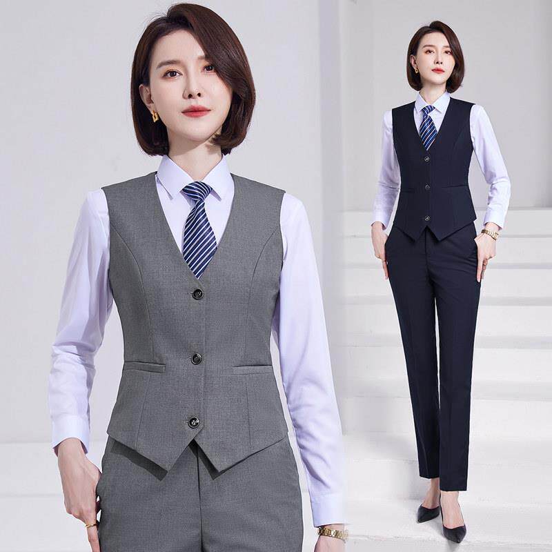 灰色西装马甲女银行工作服职业套装气质马夹背心裤子半身裙两件套