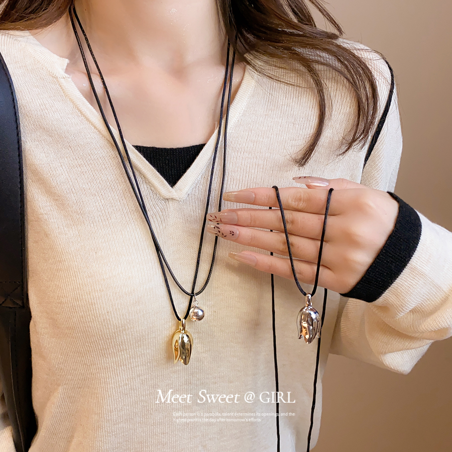 长款皮绳郁金香吊坠项链女