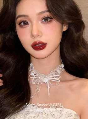 法式花边珍珠串珠蝴蝶结项链女