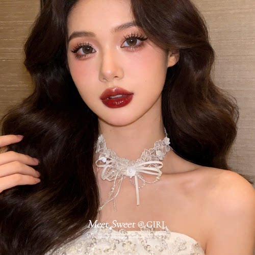 法式花边珍珠串珠蝴蝶结项链女