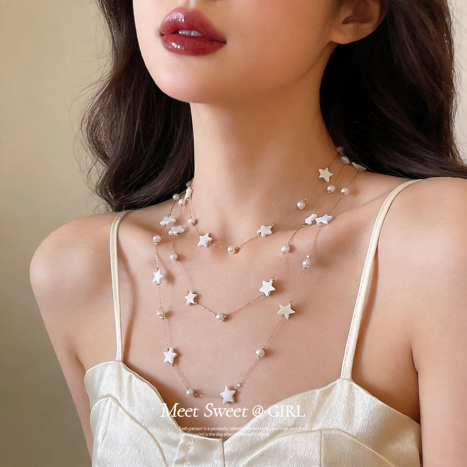 白色星星玻璃串珠项链女