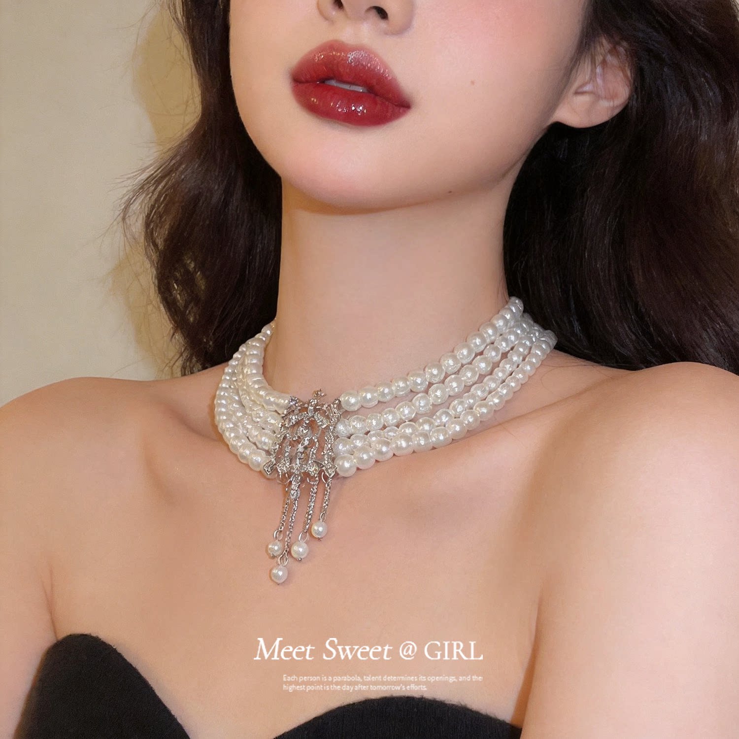 复古多层珍珠流苏颈链choker