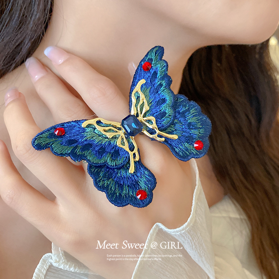 民族风蓝色刺绣蝴蝶戒指