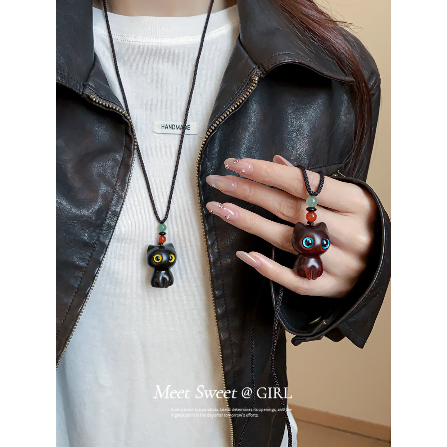 编织绳可爱木头罗小黑项链