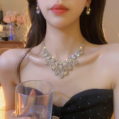 华丽超闪耳环项链套装 首饰夸张锁骨链2025新款 颈链新娘礼服配饰女