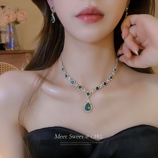 祖母绿宝石复古水钻耳钉项链晚礼服套装配饰女颈链锁骨链高级感