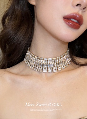 奢华镶钻方形镂空项链颈链女