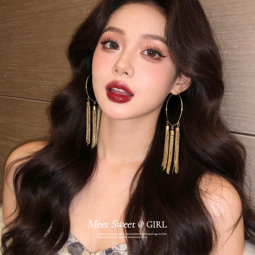 金色圆形链条流苏耳圈耳环女