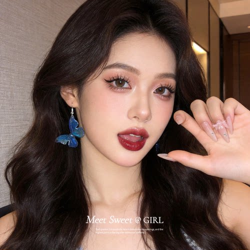 蓝色蝴蝶耳夹独特漂亮耳环女