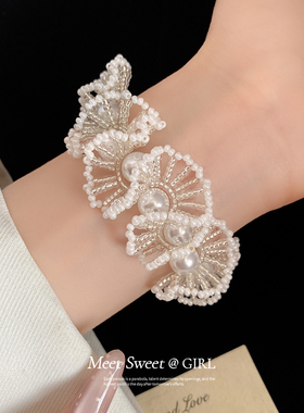 法式优雅白色珍珠花边手链女