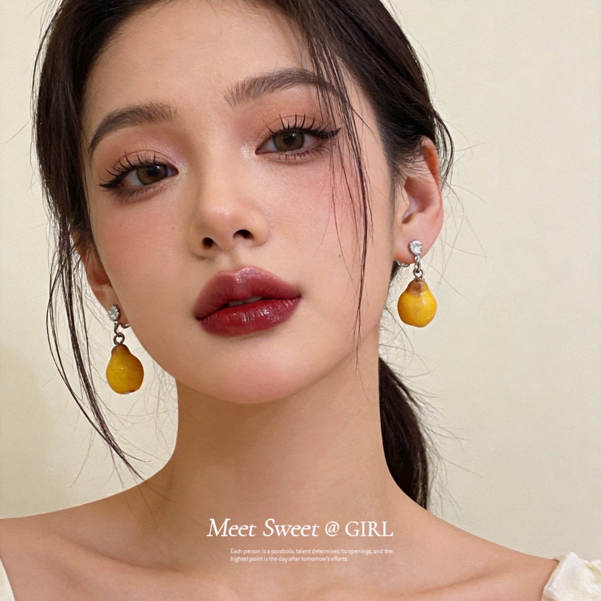 夏日小清新锆石树脂香梨吊坠耳环个性时尚耳钉女小众设计感耳饰
