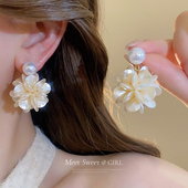 爆款 法式 超仙立体花朵珍珠耳钉女小众独特耳环2025新款 高级感耳饰