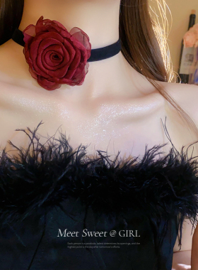 红色网纱花朵项链女款2026新款多层绑带脖颈链choker气质礼服配饰