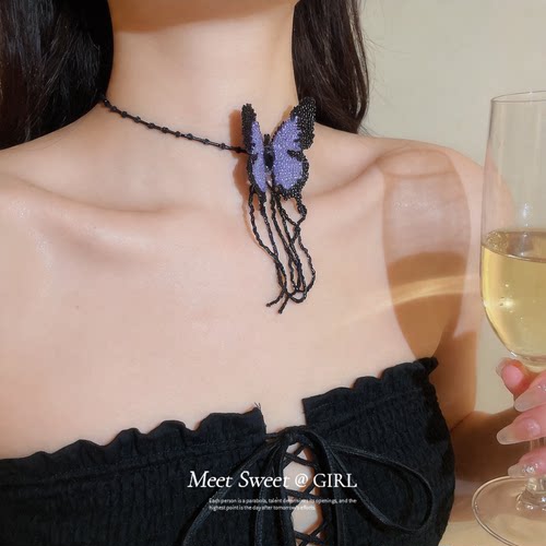 甜酷串珠蝴蝶流苏choker颈链