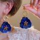 复古港风宝蓝色花朵耳环2025新款 爆款 高级感耳钉夸张气质耳饰女